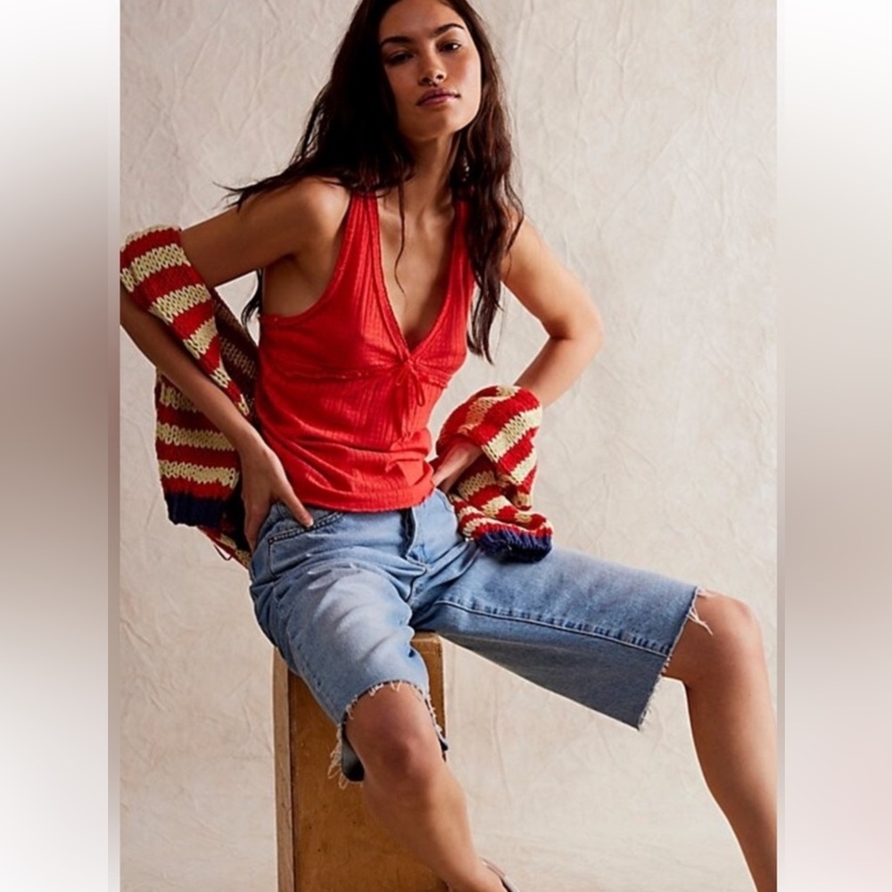 NWOT Free People We The Free High Risk Red Knit Lace Tank Top Size Large